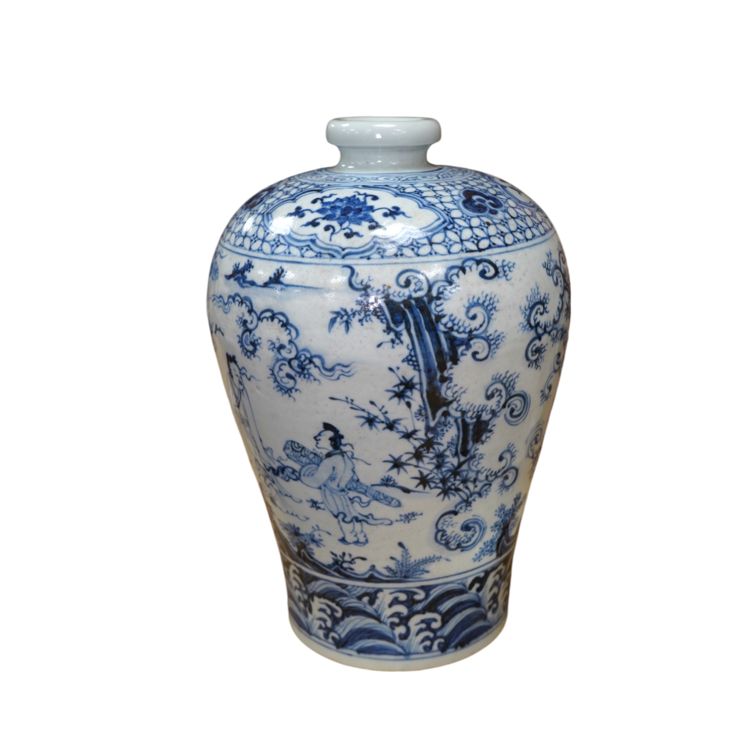 A Chinese blue and white vase, decorated with figures before a landscape, 31cm high. Condition - good